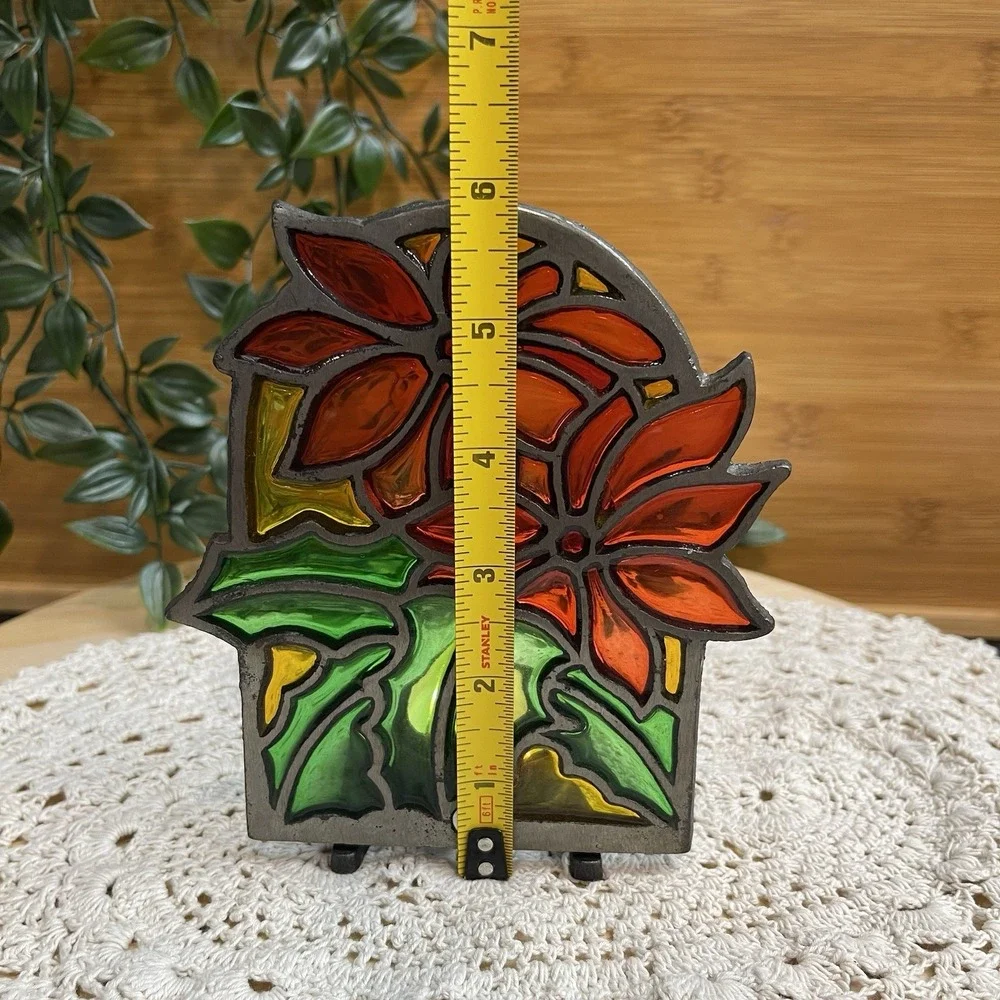 Vtg Stained Glass Cast Iron Tea Light Candle Holder Poinsettia Christmas Taiwan